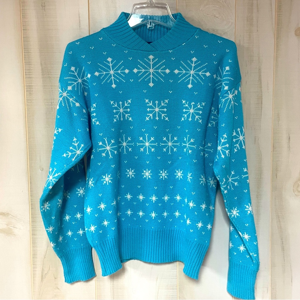 Vintage Herman’s Blue White Snowflake Pattern Wool Collared Sweater Sz M